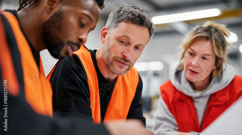 Workers wearing safety vests discussing during warehouse team meeting. Diverse colleagues collaborating, talking about work issues. Industrial workplace teamwork, employee cooperation, problem solving