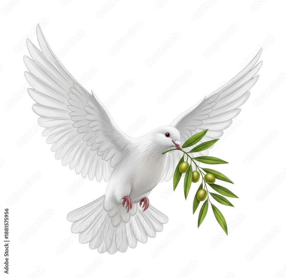 Fototapeta premium Dove delivering olive branch peace symbol nature view isolated on transparent background