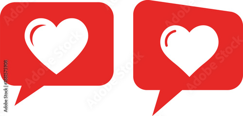 Two red speech bubbles with white hearts inside on a white background love communication