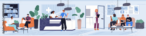 Patients are waiting medical appointment in the reception area. People and doctors are in hall or lounge zone of clinic. Medics and men are in room of hospital department. Flat vector illustration