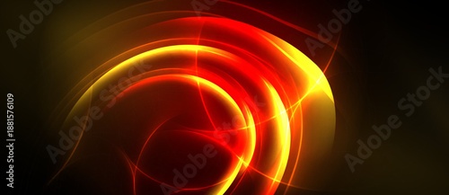 Bright abstract swirls, vibrant red hues dominate. Golden light radiates from center, creating dynamic energy. Dark background enhances glow.