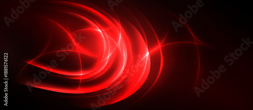 Abstract red lines, curves, waves create dynamic glowing effect. Dark background emphasizes vibrant illumination, energy.