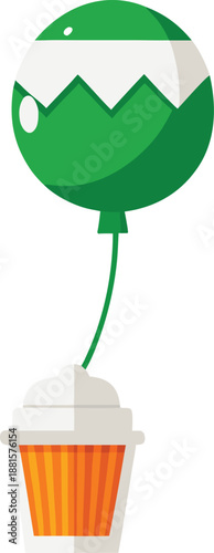 Whimsical green balloon with white polka dots floating above an orange cupcake