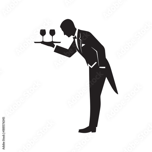 Silhouette of a waiter bowing while serving wine on a tray, vector black and white illustration of a butler or server isolated on white background.
