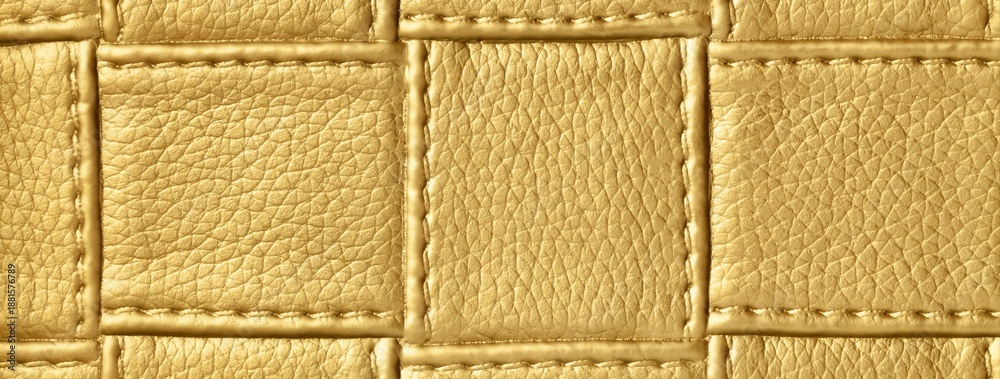 Obraz premium Texture golden leather background with quilted stitched pattern, macro. Abstract yellow upholstery surface