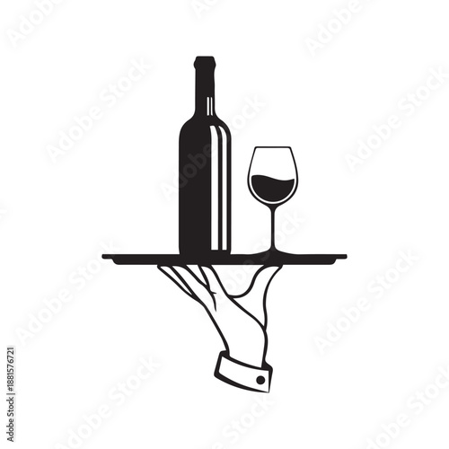 Vector black and white illustration of a waiter hand holding a serving tray with a wine bottle and glass, isolated service icon on white background.

