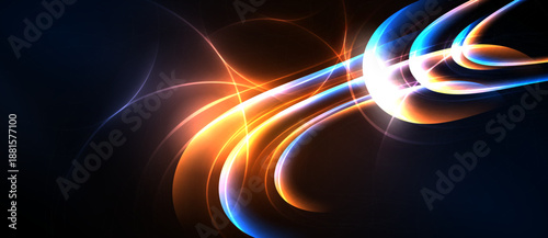 Abstract energy flows, vibrant colors blend. Dynamic curves create luminous patterns, dark background emphasizes bright streaks.