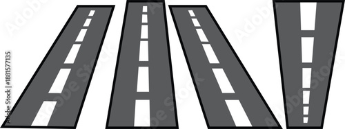 A set of roads An empty asphalt highway with white lines leads toward the city as cars and trucks drive in motion along the open freeway lane for travel and transportation