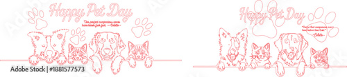 Happy Pet Day text with outlined cartoon dogs, cats, and paw prints peeking over a line