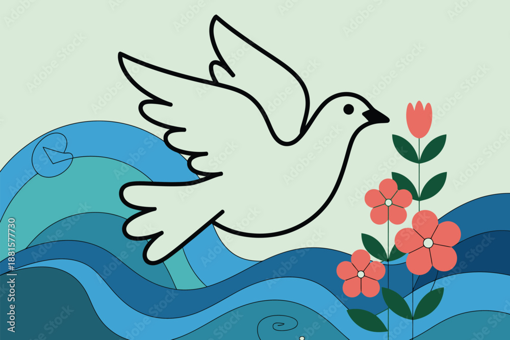 Fototapeta premium A symbolic illustration of a dove flying above rolling blue waves and blooming flowers, representing peace, hope, harmony, spirituality, nature balance, and inspirational vector design.