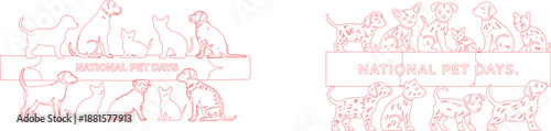 Outline drawing features many different dogs and cats surrounding a clear banner for National Pet Days
