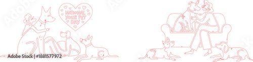 Outline drawing portrays people and their dogs sitting comfortably, with a heart saying National Your Pet Day