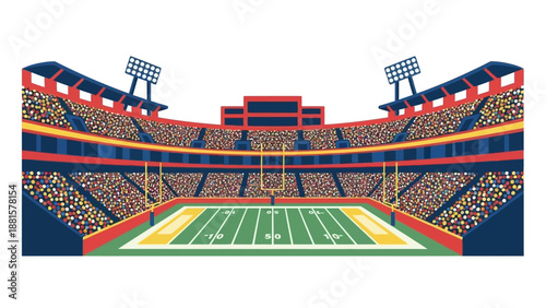 Aerial view of a packed sports stadium during a football game