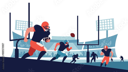American Football Players in Action on Stadium Field with Spectators Watching