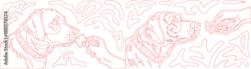 Red outline illustration of two dogs anticipating treats from a human hand surrounded by wavy patterns