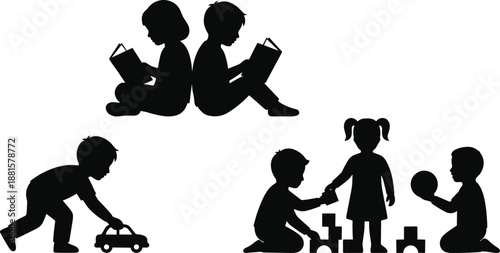 Children learning and playing silhouettes illustration showing kids reading books, pushing toy car, building blocks, and ball activity