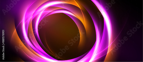 Abstract swirls, vibrant purple, orange hues create dynamic circular pattern. Dark background emphasizes glowing energy, modern design.