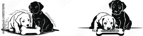 Two charming black and white puppies are shown, one eating from a distinctive bone shaped food bowl