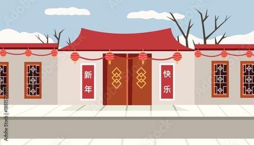 Traditional Chinese New Year Entrance with Lanterns and Decorations. Chinese restaurant. Chinese house. Chinatown building.