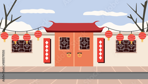 Traditional Chinese Gate with Festive Red Lanterns. Chinese house architecture. Chinese new year festive. Front door house.