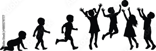 Children growth stages silhouette illustration showing childhood development from baby crawling to active kids jumping and playing together