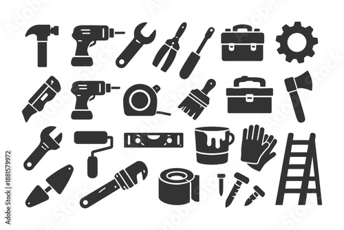 Black and white icon set of various hand tools and construction equipment.