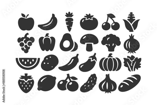 Collection of various fruit and vegetable icons in black silhouettes.