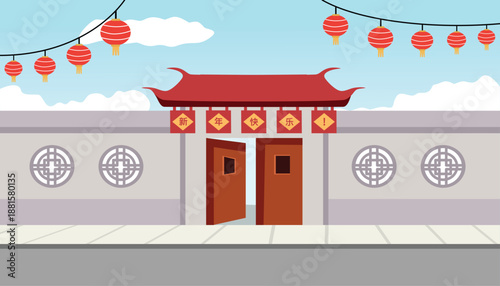 Traditional Chinese Gate with Red Lanterns for New Year Celebration. Chinese new year. Lunar new year. Chinese building.