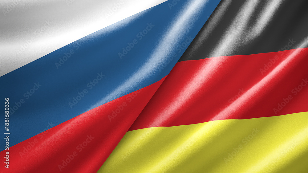 Fototapeta premium Russia and Germany two national flags filling the entire frame, close-up view, edge-to-edge composition