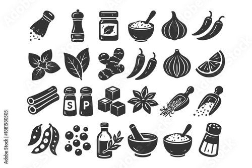 Assorted spice and herb icons in black and white silhouette style.