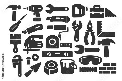 Silhouette of various hand and power tools for diy and construction projects.