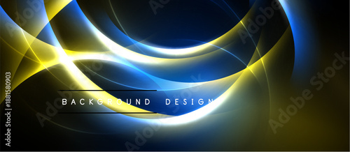 Abstract flowing lines, vibrant yellow, blue hues. Dark background creates dramatic visual effect. Modern design element.