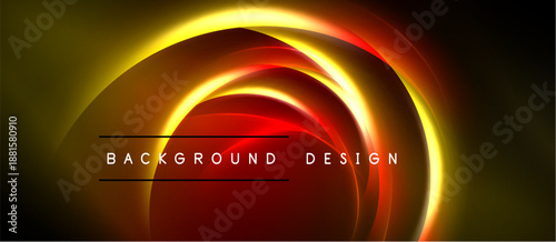 Abstract glowing lines create circular shapes. Red, orange, yellow hues dominate dark background. Text reads background design.