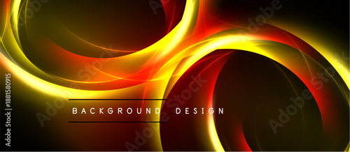 Dynamic abstract design features flowing golden, red curves. Dark background emphasizes bright energy, modern aesthetic. Simple text reads background design.