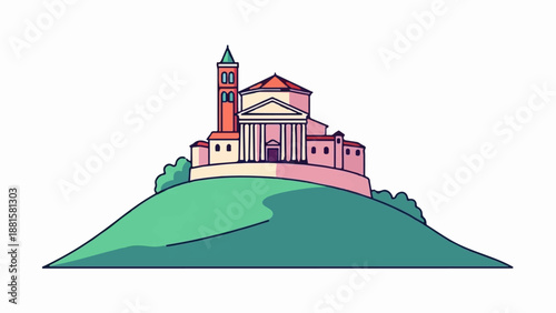 Stylized building with a tower and dome atop a green hill