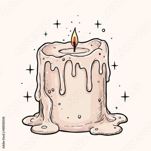 Cute Hand Drawn Doodle Style Melting Wax Candle with Flame and Sparkles for Birthday, Holiday and Spiritual Concept