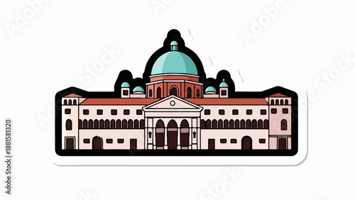 Stylized building with domes and arched windows, rendered in a flat illustrative style