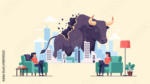 Stylized bull looms over tiny people working from home in urban setting