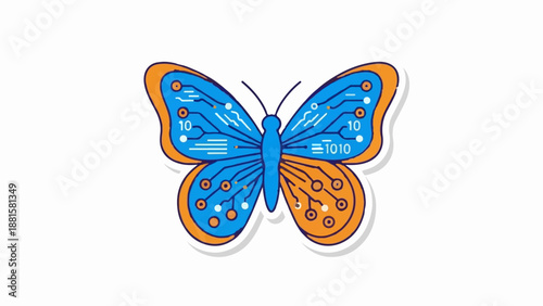 Stylized butterfly with blue and orange wings, displaying circuit board patterns