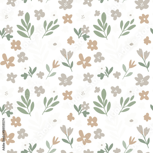 A warm Nordic floral seamless pattern featuring soft pink flowers, sage green leaves, and a linen-inspired background. Ideal for fabric, stationery, and cozy Scandinavian designs.
