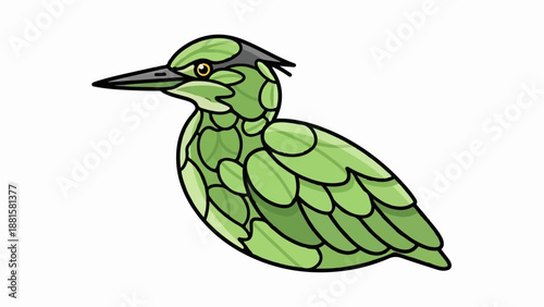Stylized green bird with a sharp beak and pointed head feathers