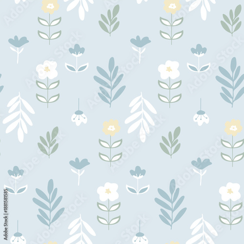 A Scandinavian spring-inspired floral seamless pattern with soft blue background, light flowers, and minimal botanical elements. Perfect for wallpaper, fabric, and modern Nordic designs.