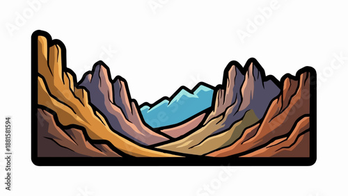Stylized canyon with sharp rock formations and a distant blue sky