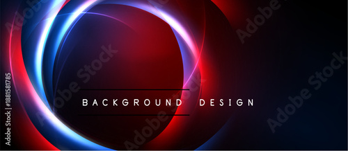 Abstract design features glowing circles, red, blue hues. Dark background creates dramatic visual impact. Text reads background design.