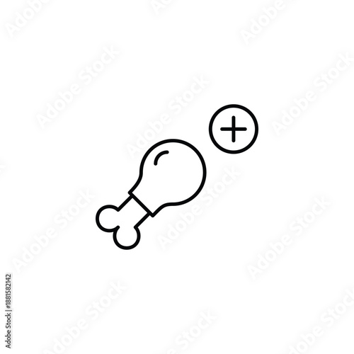 Chicken drumstick and plus symbol. Protein boost, menu and groceries expansion. Pixel perfect, editable stroke vector icon