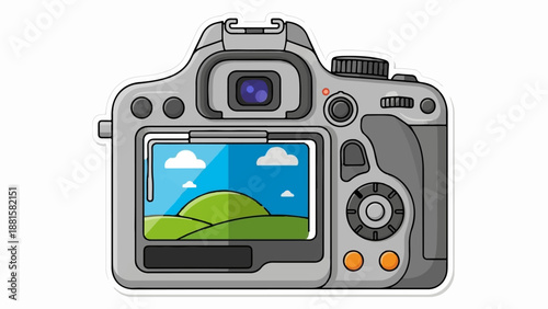 Stylized cartoon of a digital camera displaying a landscape scene