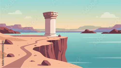 Pixel art of a weathered column on a cliff overlooking a tranquil lake