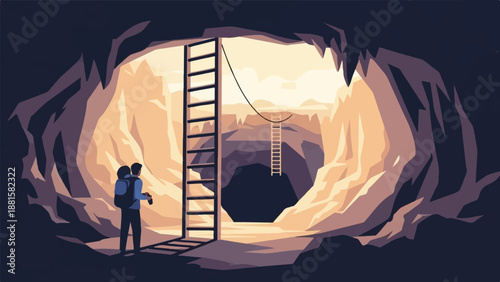 Pixel art of a person with backpack entering a cave with ladders