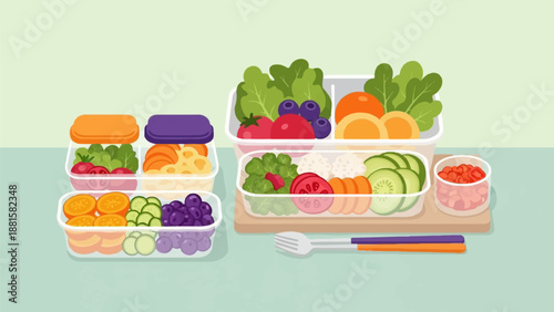 Pixel art of colorful, pre-portioned food containers filled with healthy ingredients