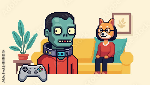 Pixel art of a zombie and a dog in glasses sitting on a couch, playing games